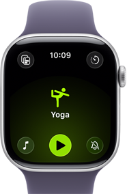 Apple Watch Series 11, boîtier en aluminium argent, exercice de yoga ouvert, côté droit : Digital Crown, Bracelet Sport brume violette