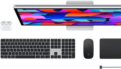 Accessoires pour Mac : Airpods, Studio Display, Magic Keyboard, Magic Mouse, Magic Trackpad, câble de charge MagSafe en noir sidéral