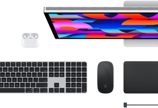 Accessoires pour Mac : Airpods, Studio Display, Magic Keyboard, Magic Mouse, Magic Trackpad, câble de charge MagSafe en noir sidéral
