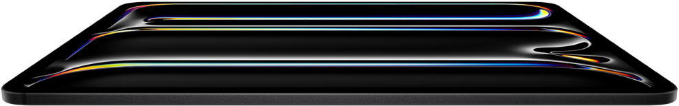 iPad Pro, face avant, noir sidéral, boîtier en aluminium et verre, profil fin, incliné vers l’arrière avec un dessin multicolore affiché à l’écran