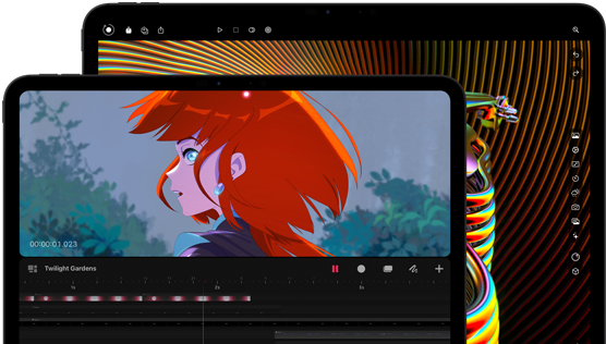 iPad Pro 13 pouces et iPad Pro 11 pouces, face avant, orientation paysage, noir sidéral, angles arrondis, cadre noir de l’écran, écran de l’iPad 11 pouces affichant une image éclatante d’un personnage aux cheveux roux, écran de l’iPad 13 pouces affichant des éléments colorés de l’interface de retouche photo