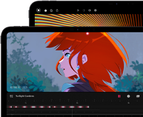 iPad Pro 13 pouces et iPad Pro 11 pouces, face avant, orientation paysage, noir sidéral, angles arrondis, cadre noir de l’écran, écran de l’iPad 11 pouces affichant une image éclatante d’un personnage aux cheveux roux, écran de l’iPad 13 pouces affichant des éléments colorés de l’interface de retouche photo