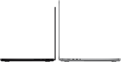 MacBook Pro 14 pouces et 16 pouces dos à dos, mettant en évidence la différence de taille et la finesse du profil