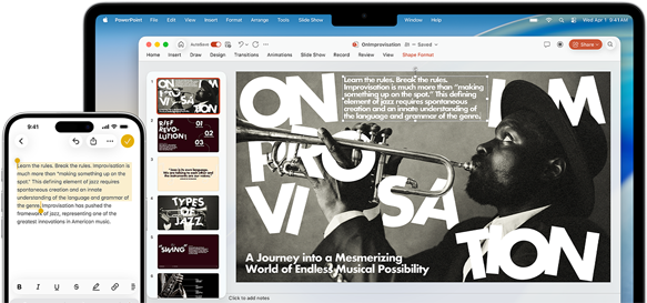 iPhone 16 Plus avec du texte surligné dans l’app Notes, MacBook Air avec une diapositive Keynote ouverte, le texte de l’app Notes est visible sur la diapositive