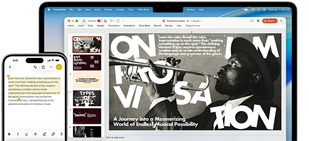 iPhone 16 Plus avec du texte surligné dans l’app Notes, MacBook Air avec une diapositive Keynote ouverte, le texte de l’app Notes est visible sur la diapositive