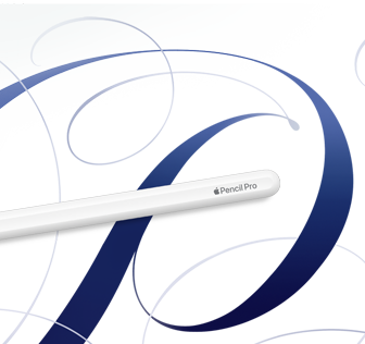 Apple Pencil Pro, blanc, présenté sur un fond blanc avec des tourbillons bleus