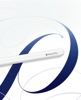 Apple Pencil Pro, blanc, présenté sur un fond blanc avec des tourbillons bleus