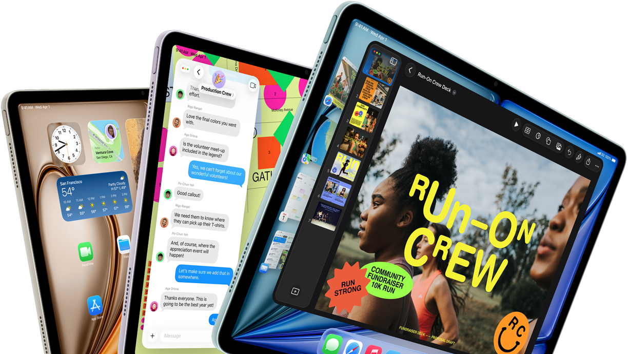Trois écrans d’iPad Air disposés en éventail, coloris bleu, mauve, lumière stellaire, vue avant, vue latérale, écrans affichant les apps Keynote, Messages et l’écran d’accueil