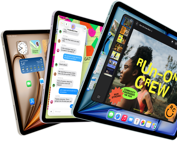 Trois écrans d’iPad Air disposés en éventail, coloris bleu, mauve, lumière stellaire, vue avant, vue latérale, écrans affichant les apps Keynote, Messages et l’écran d’accueil